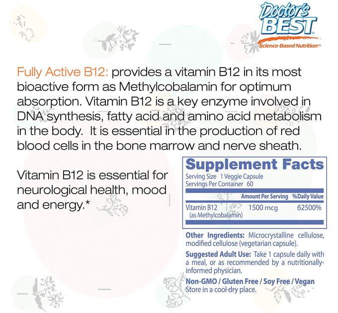 Doctor's Best Fully Active B12 1500 mcg, Витамин В12  активный, 1500 мкг, 60 капсул